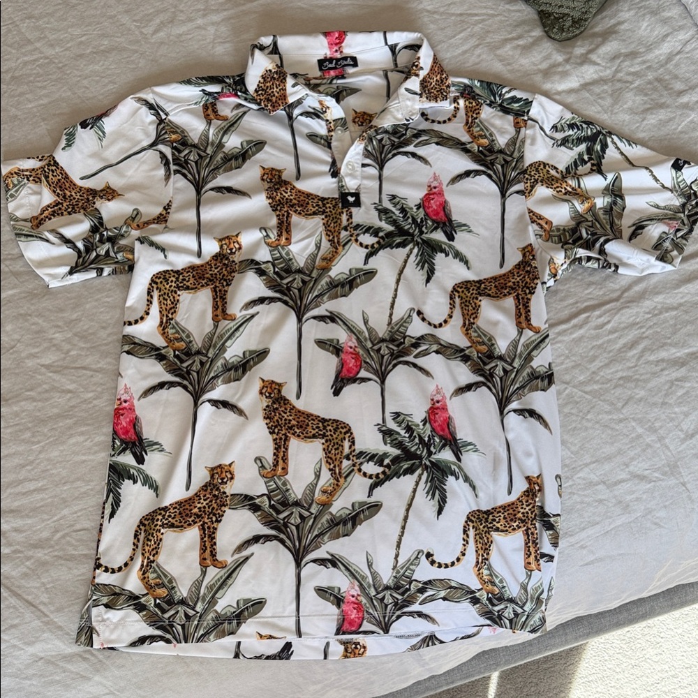Bad Birdie White Polo with Leopard and Parrot Print